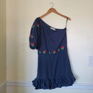 🏷Fanm Mon Flame🌹Mini Linen One Sleeve Ruffle Hem Floral🌹Embroidery Dress New